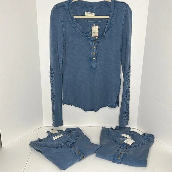 NWT Free People Our Song We The Free Henley Long Lace Sleeve Top- Blue - Picture 2 of 5